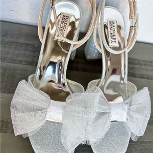 Badgley Mischka Tess Tulle Bow Block Heel Sandals in silver